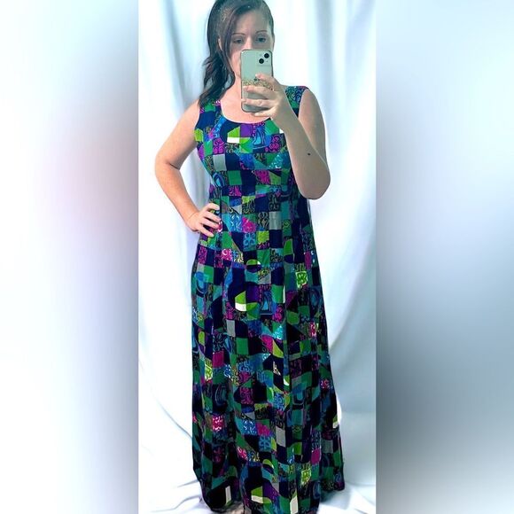 Vintage 70s Vibrant Hawaii Print Bark Cloth Maxi Dress M/L - Picture 1 of 7